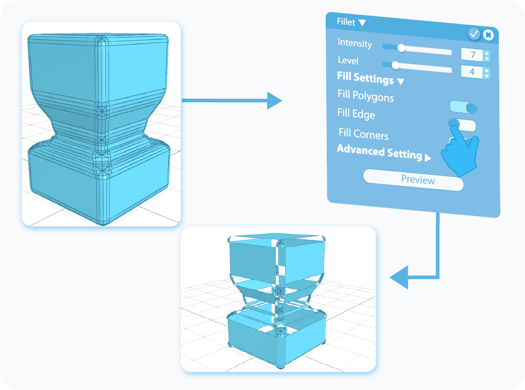 Toggle to enable the Fill Edge setting for the Fillet Tool